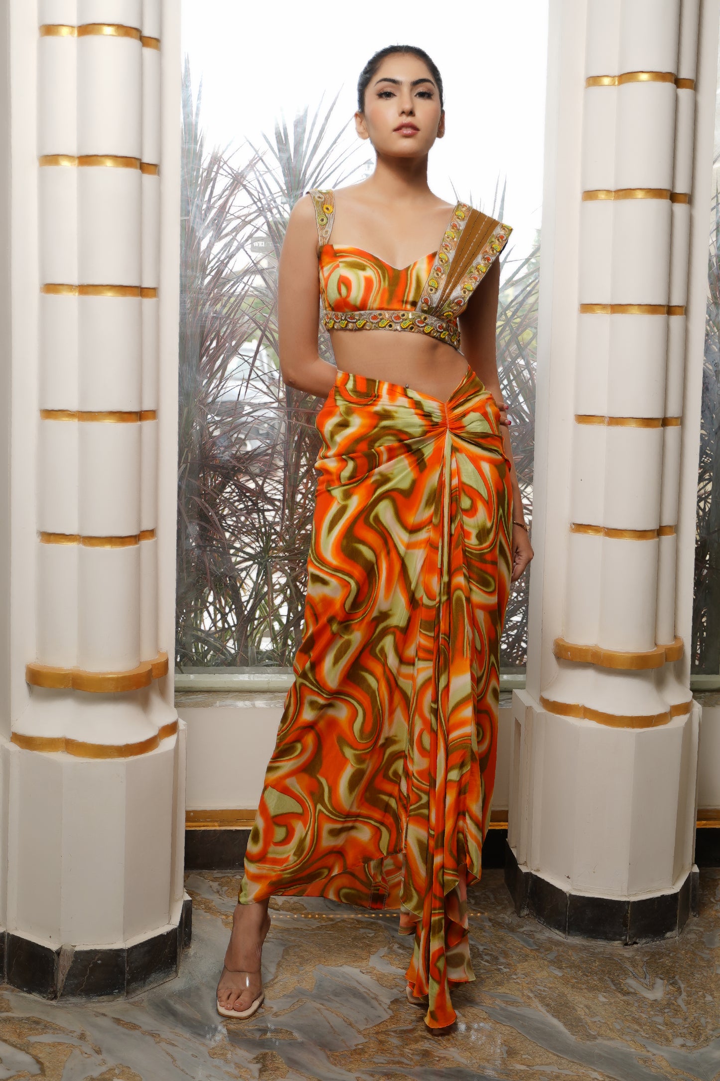 ORANGE MULTICOLOR ABSTRACT DRAPE SKIRT SET (SET OF 2)