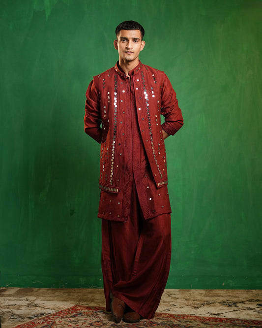 Deep Maroon Embellished Kurta Jacket Set (Set of 3)