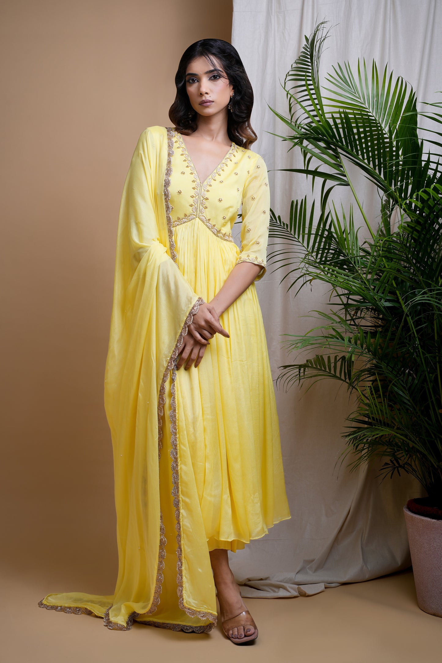 YELLOW CHIFFON ANARKALI SET (SET OF 3)