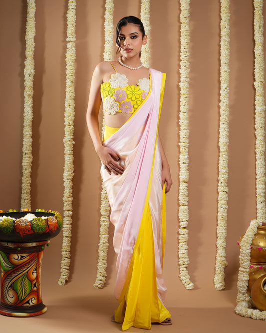 Yellow / Pink Flower Applique Pre Draped Saree (Set Of 2)