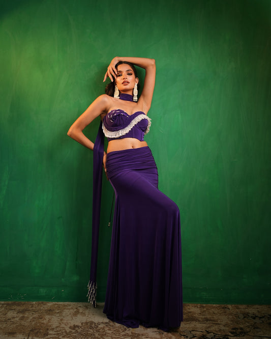 Royal Purple Drape Corset Indo Skirt Set  (Set of 3)