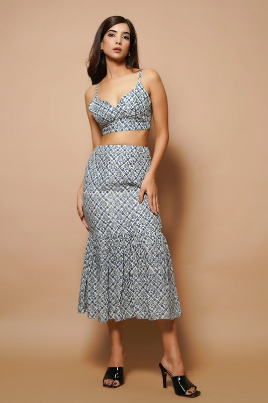 Grey block printed fitted skirt co-ord