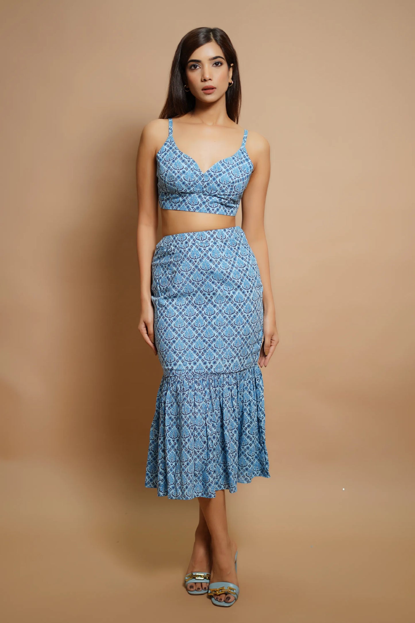 Blue block print fitted skirt co-ord