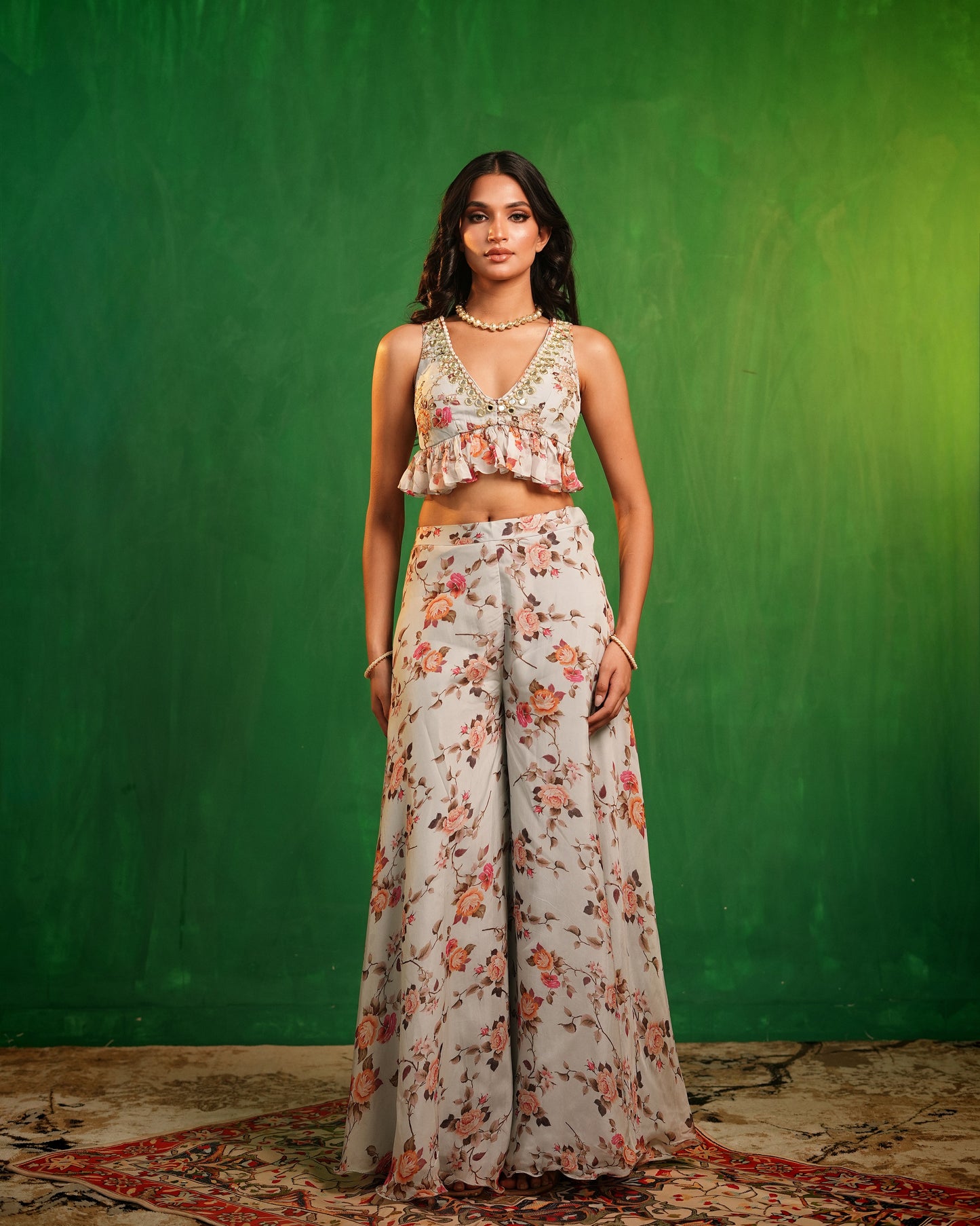Sky Blue Floral Printed Backless Indo Set  (Set of 2)