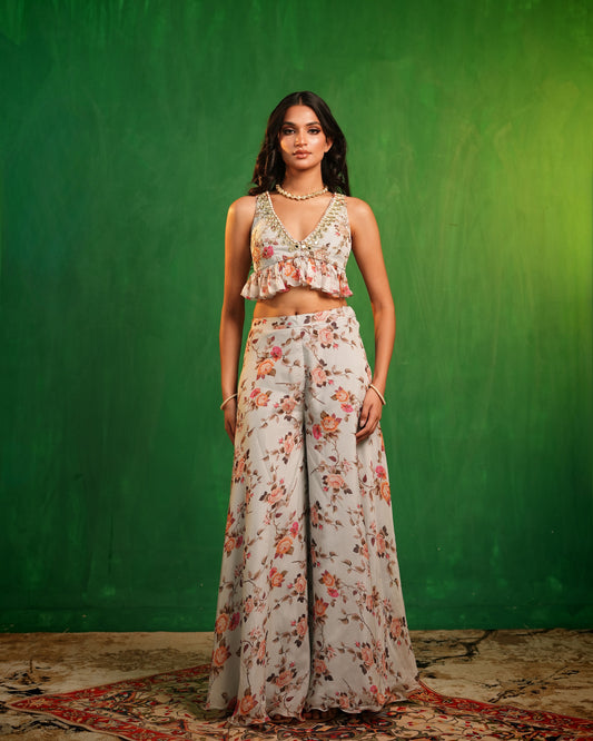 Sky Blue Floral Printed Backless Indo Set  (Set of 2)