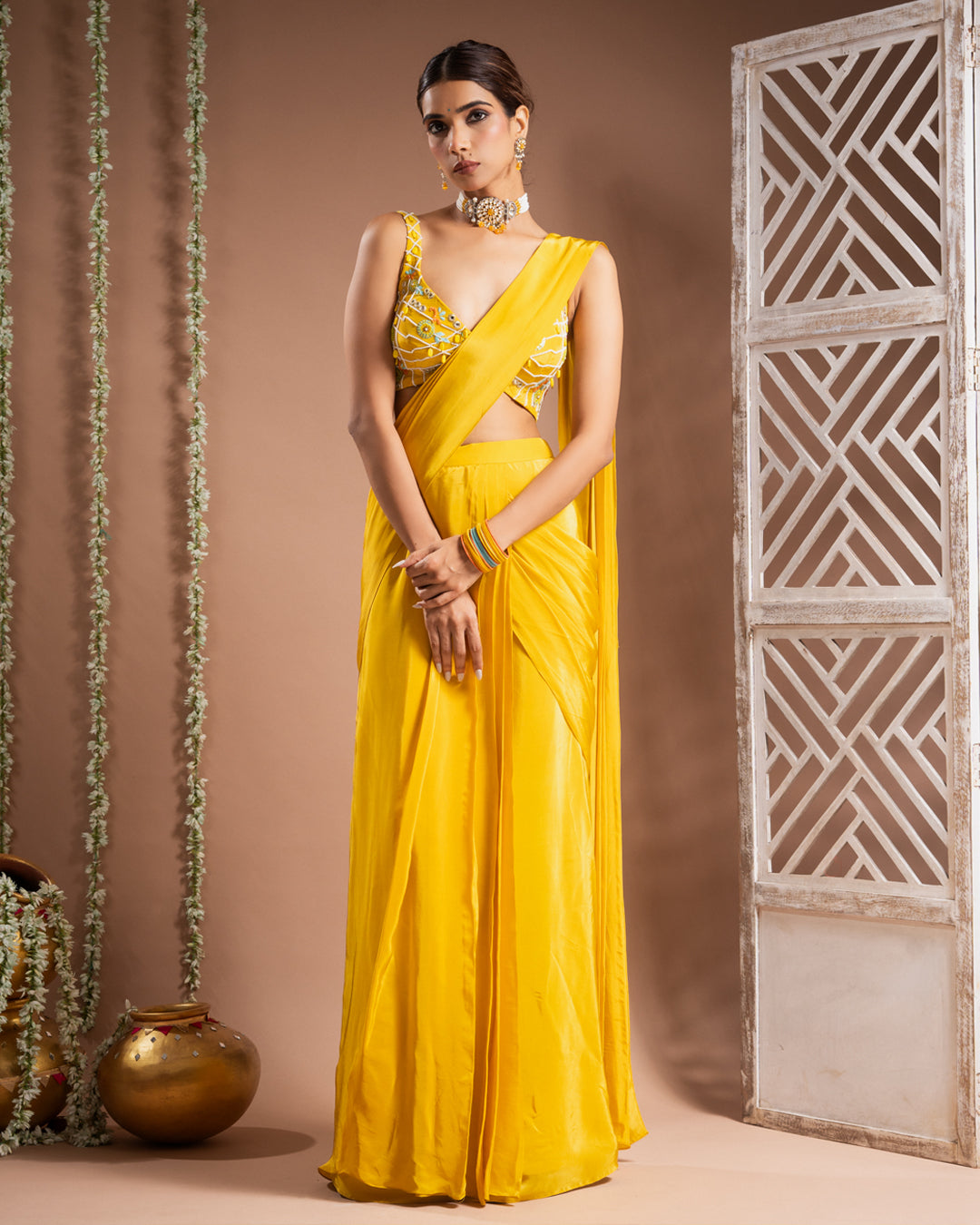 Canary Yellow Pre-Drape Saree Set (Set of 2)