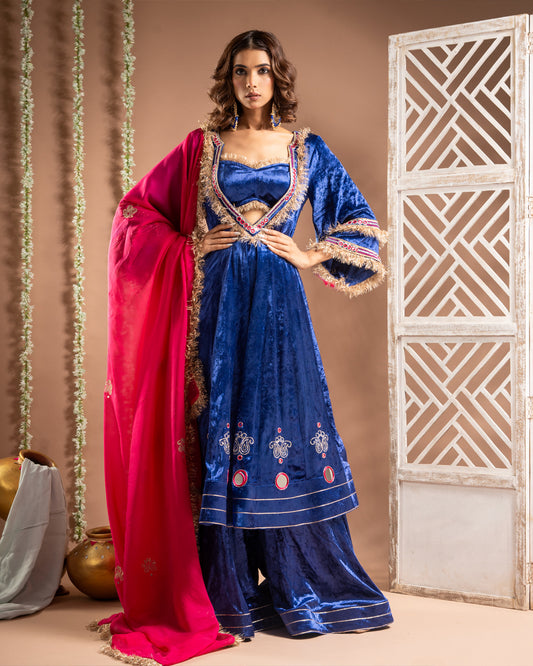 Royal Blue Velvet Anarkali Suit Set (Set of 4)