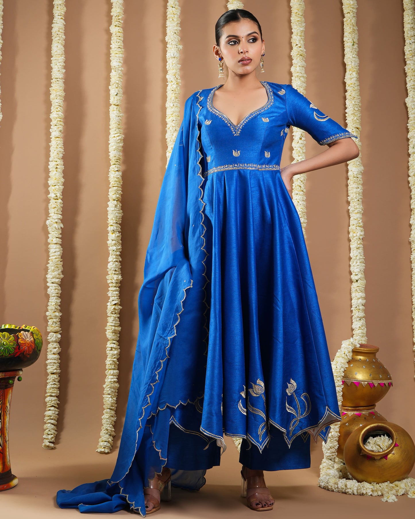 Royal Blue Silk Cutwork Anarkali Set (Set Of 3)