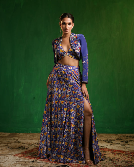 Blue Patola Printed Indo Lehenga  Set (Set of 3)