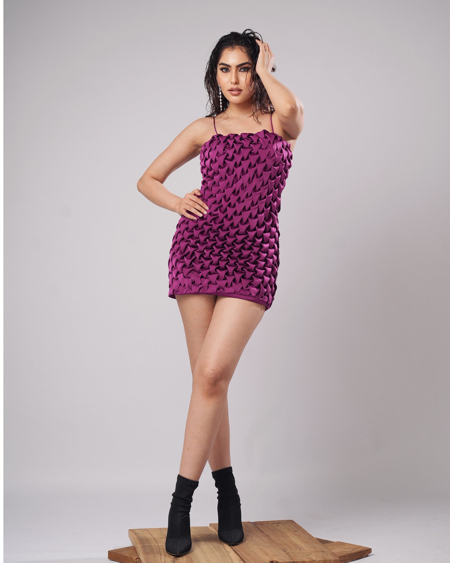 Maddie - Magenta 3D Textured Mini Dress (Set of 1)
