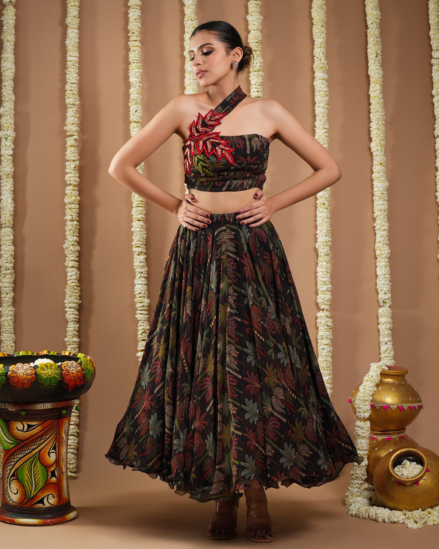 Black Printed Drape Top And Skirt Set (Set Of 2)