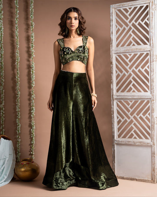 Green Velvet Indo Palazzo Set (Set of 2)