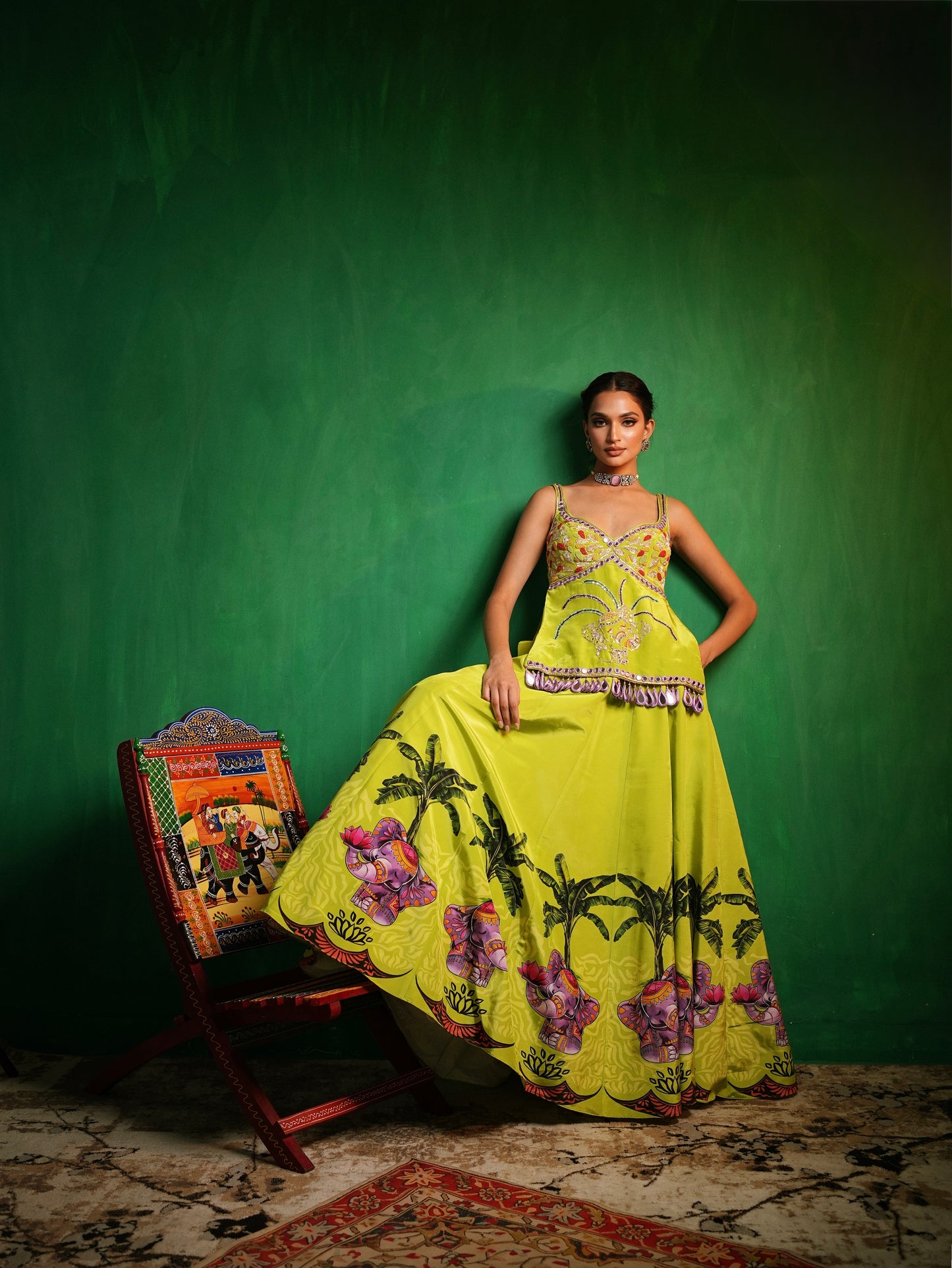Green Purple Elephant Printed Indo Lehenga Set (Set of 2)