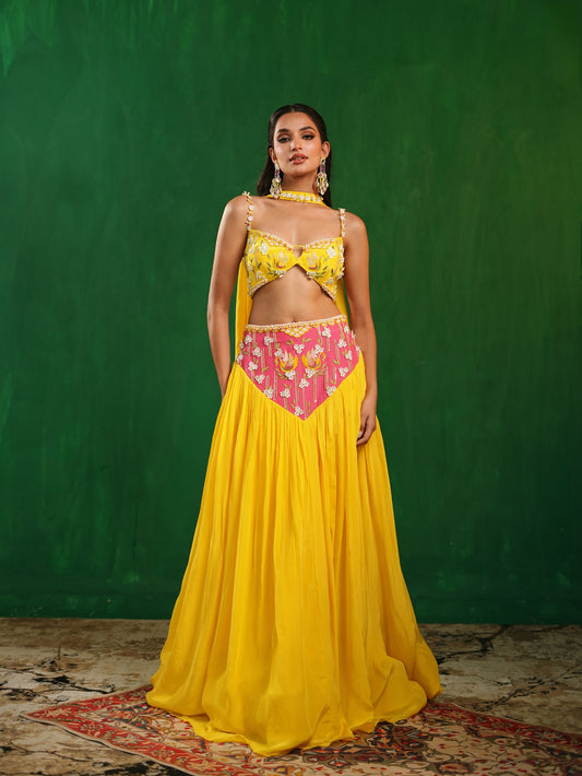 Yellow-Rose Pink Indo Lehenga Set (Set of 3)