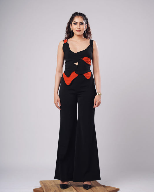 Helen - Black & Rust Sculpted Corset Top With Flared Trouser