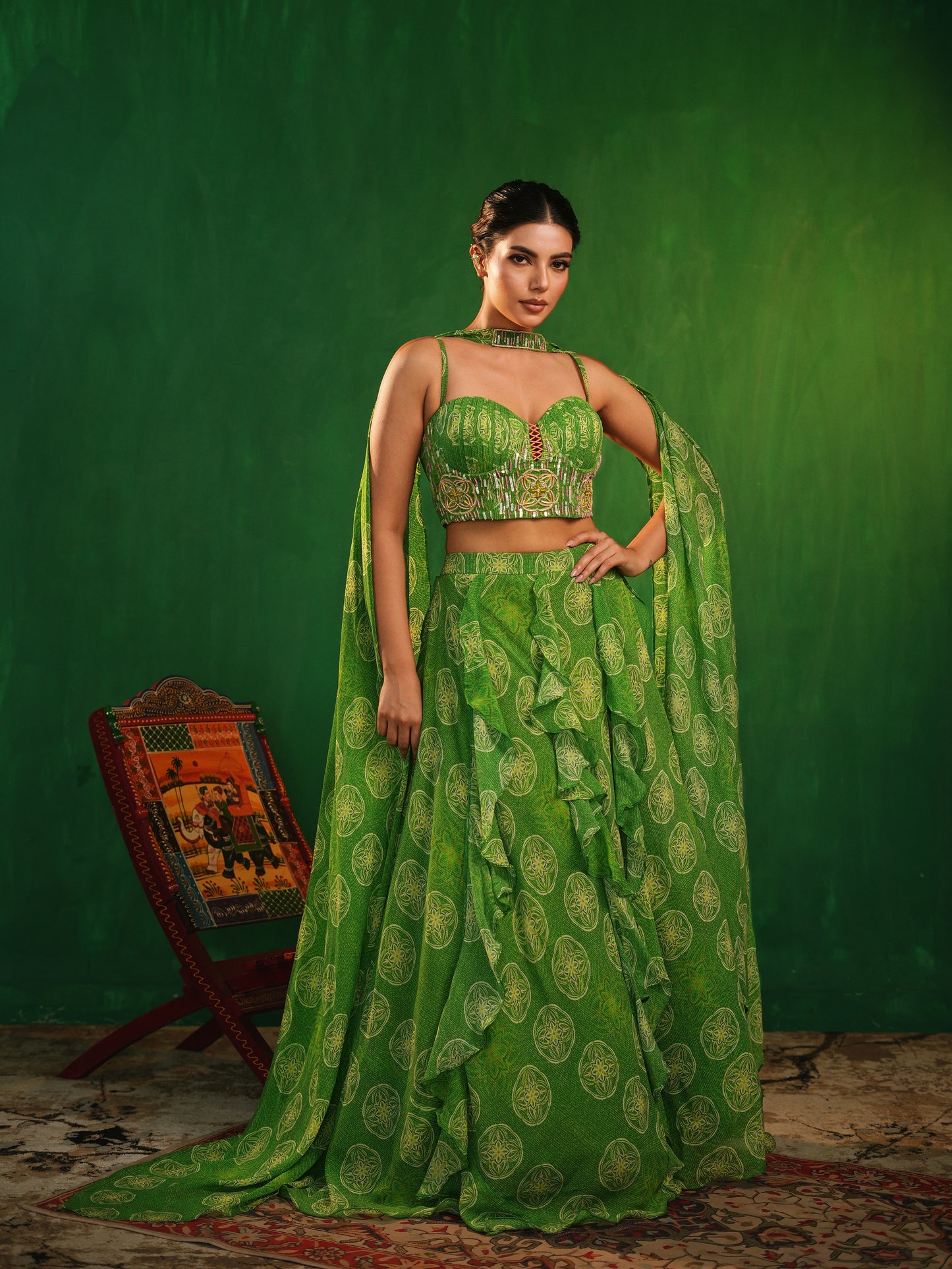 Lime Green Ruffle Lehenga Set (Set of 3)