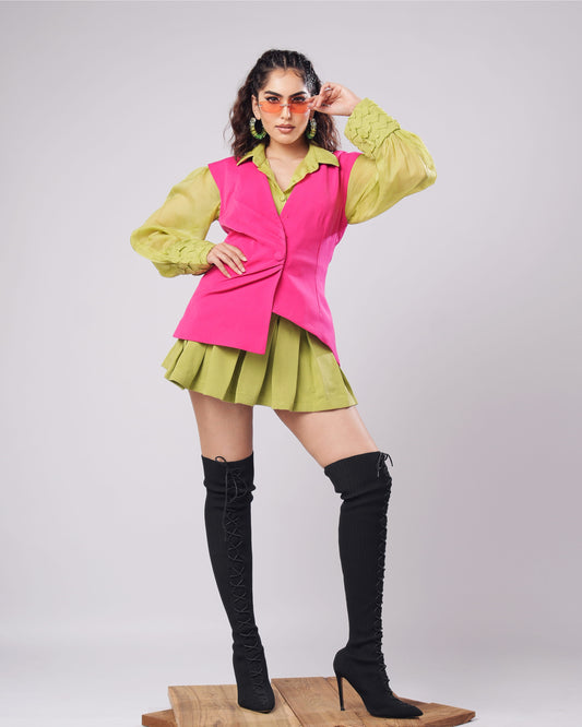 Poppy - Lime Green Organza Shirt With Hot Pink Waistcoat & Pleated Mini Skirt (SET OF 3)