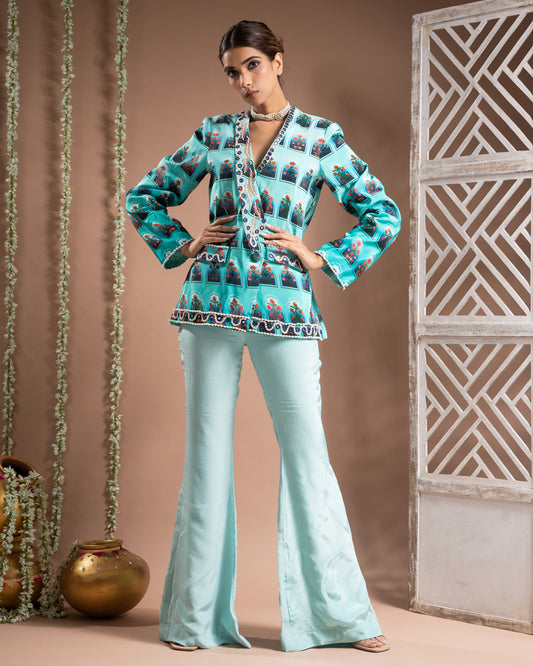 Blue Ombre Printed Coat Pant Set (Set of 2)