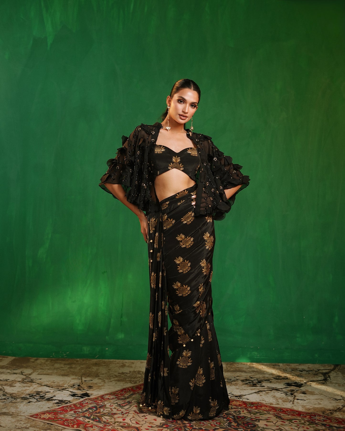 Pineapple Print Pre-Drape Saree With Statement Organza Poncho Set (Set of 3)