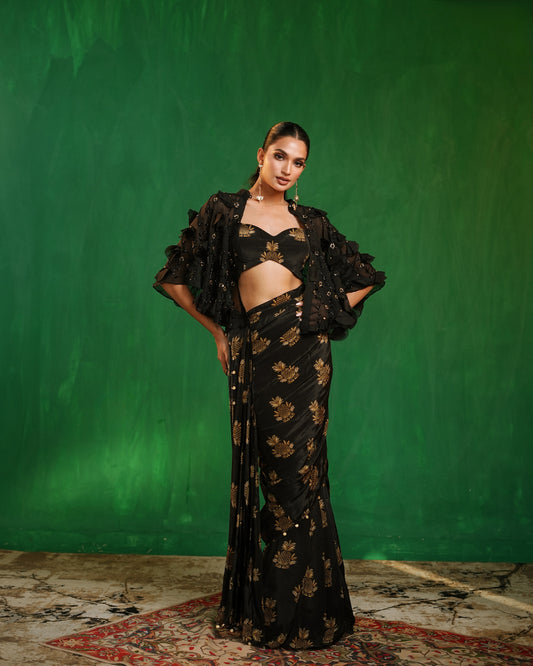Pineapple Print Pre-Drape Saree With Statement Organza Poncho Set (Set of 3)