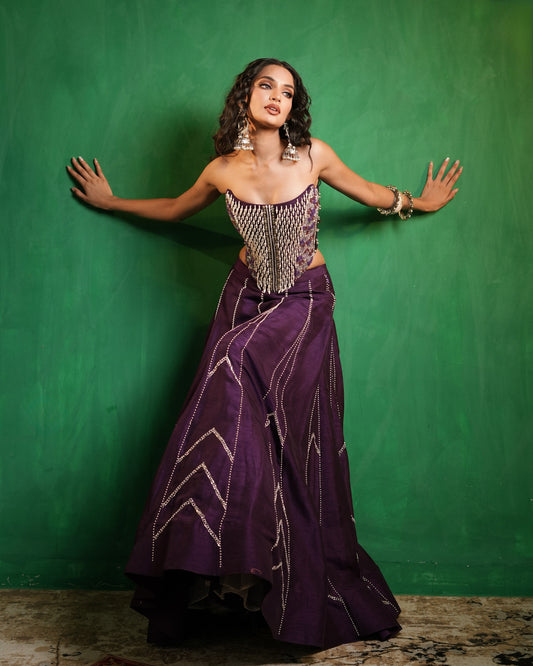 Dark Purple Corset Heavy Lehenga Set (Set of 2)
