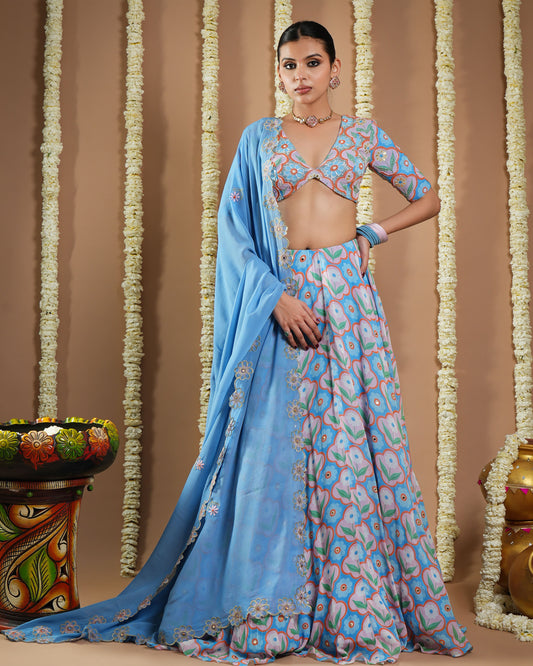 Endless Sky Blue Printed Lehenga Set (Set Of 3)