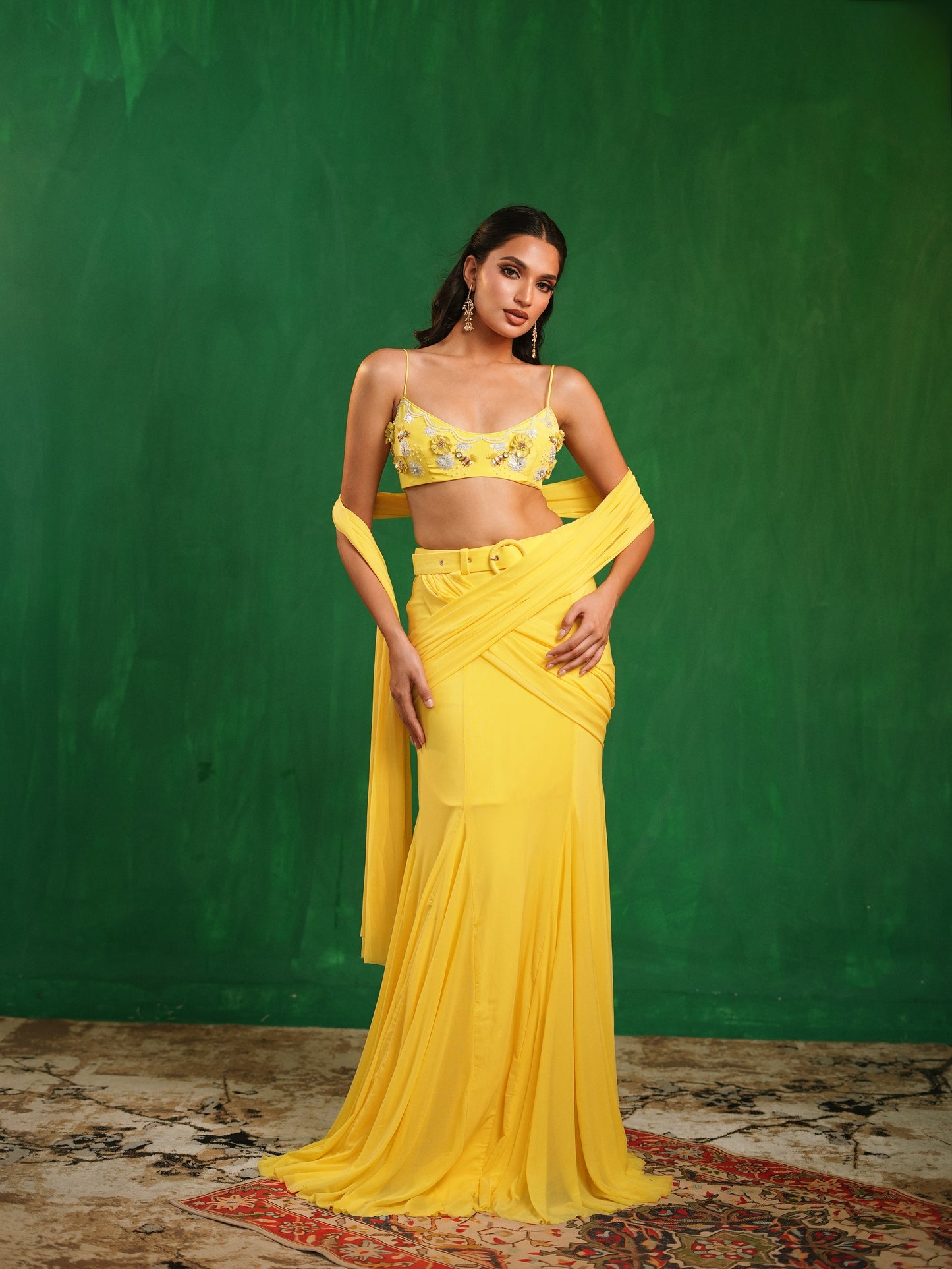 Sunshine Yellow Pre Drape Saree  Set  (Set of 2)