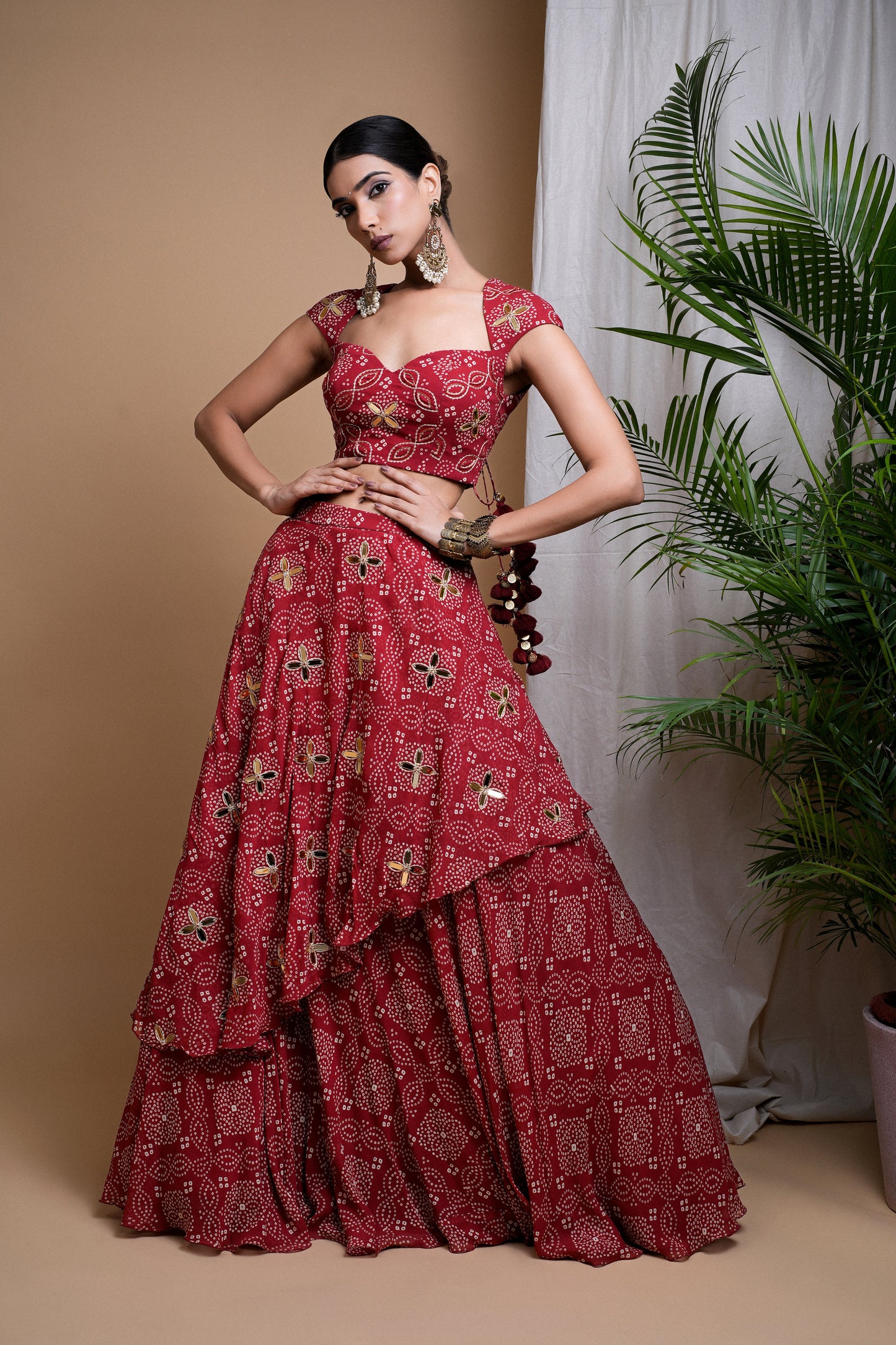 RED BANDHANI DIGITAL PRINT INDO LEHENGA SET  (SET OF 2)