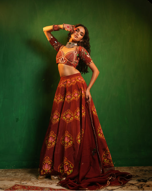 Maroon Lotus Aangi Heavy Lehenga Set (Set of 3)