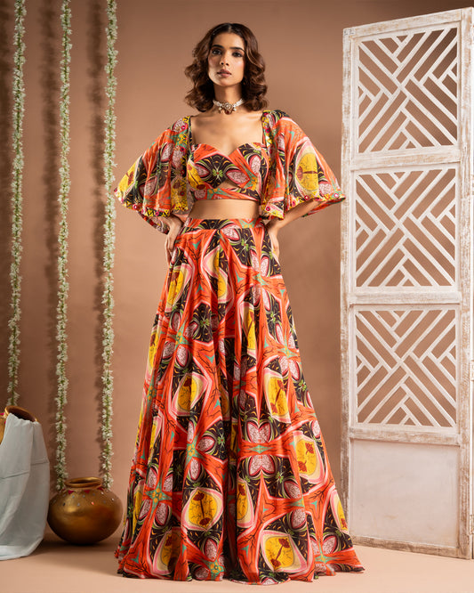 Abstract Print Cape Lehenga Set (Set of 3)