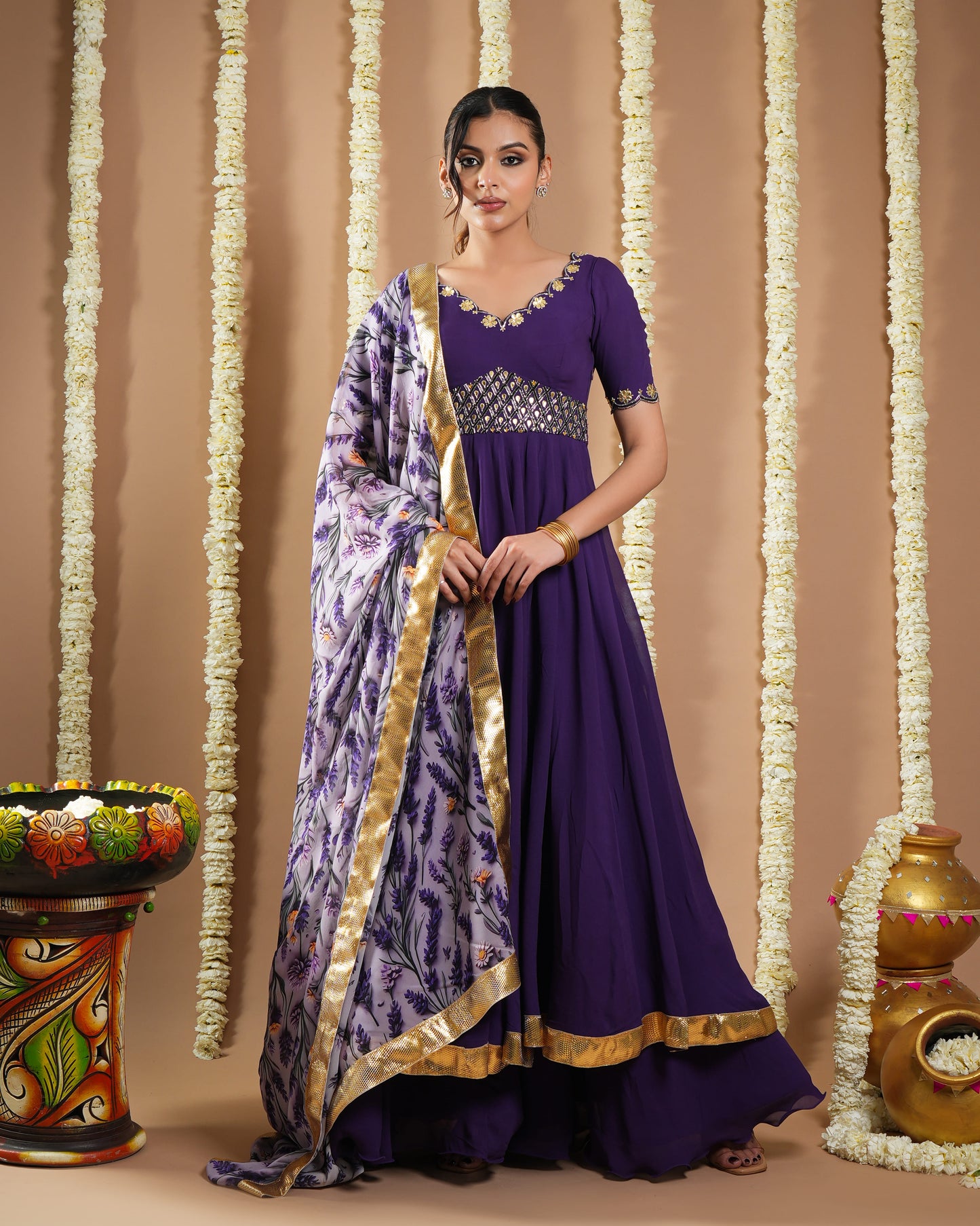 Dark Purple Georgette Anarkali Set (Set Of 3)