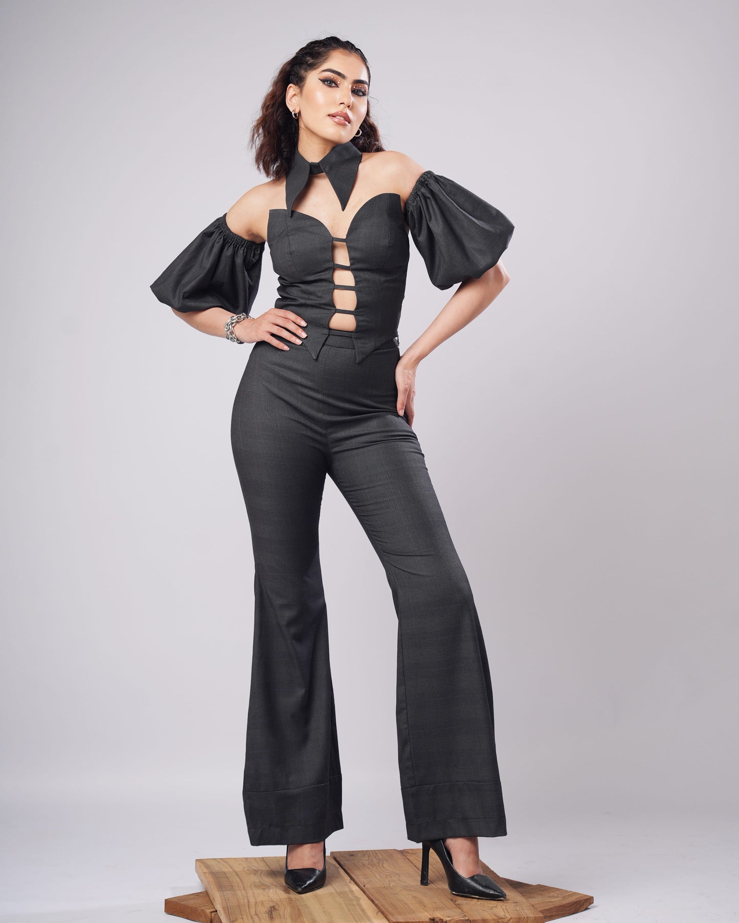 Heidi - Charcoal Check Corset Top With Puff Sleeves & Flared Trousers (SET OF 4)