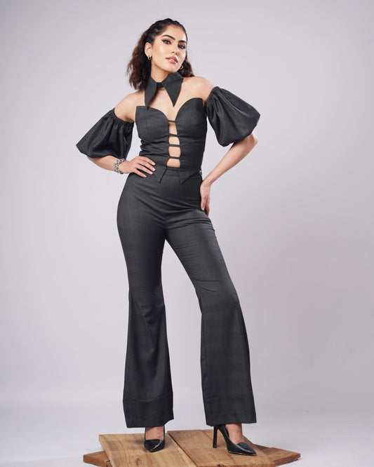 Heidi - Charcoal Check Corset Top With Puff Sleeves & Flared Trousers (SET OF 4)