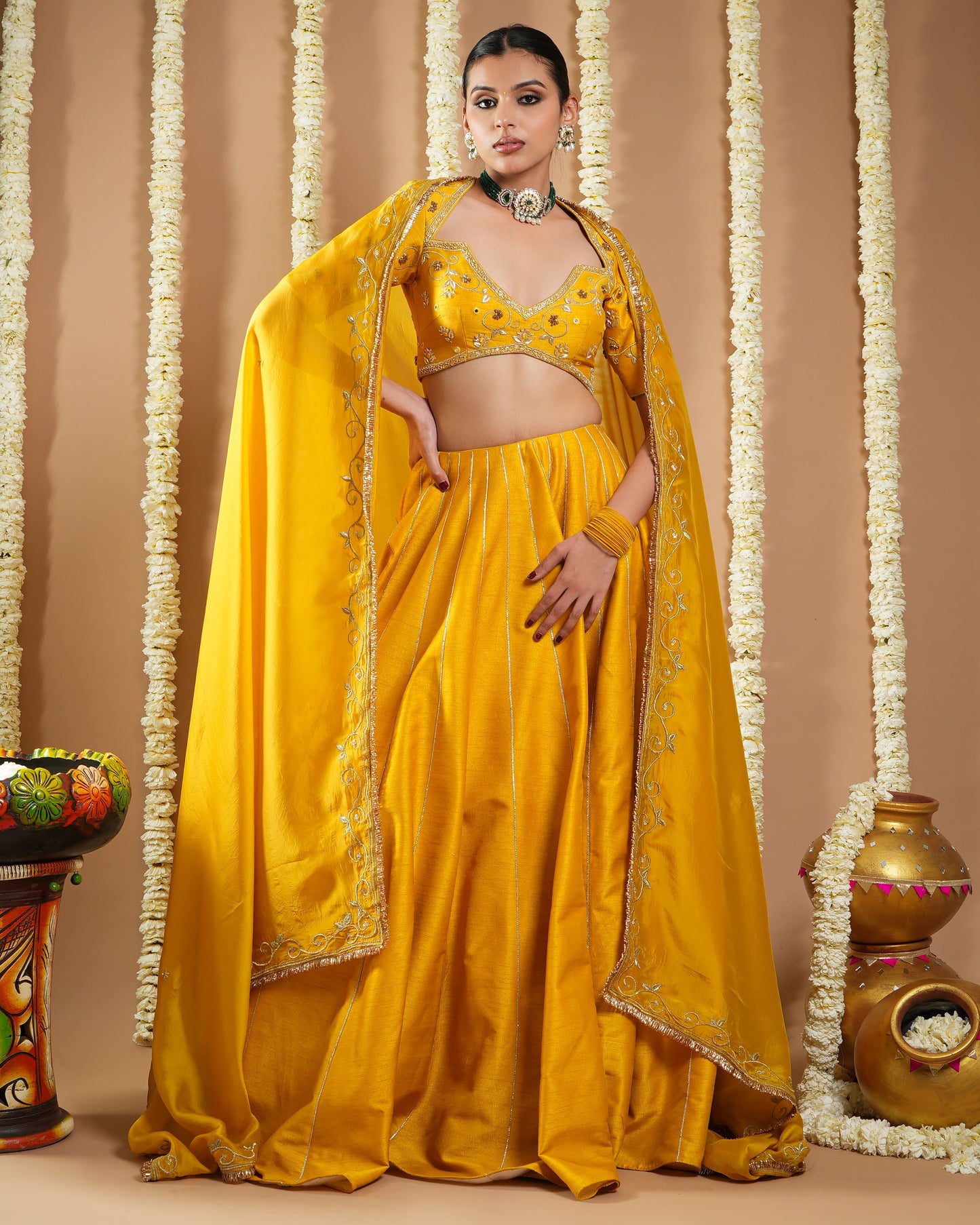 Mustard Yellow Heavy Slub Silk Lehenga Set (Set Of 3)