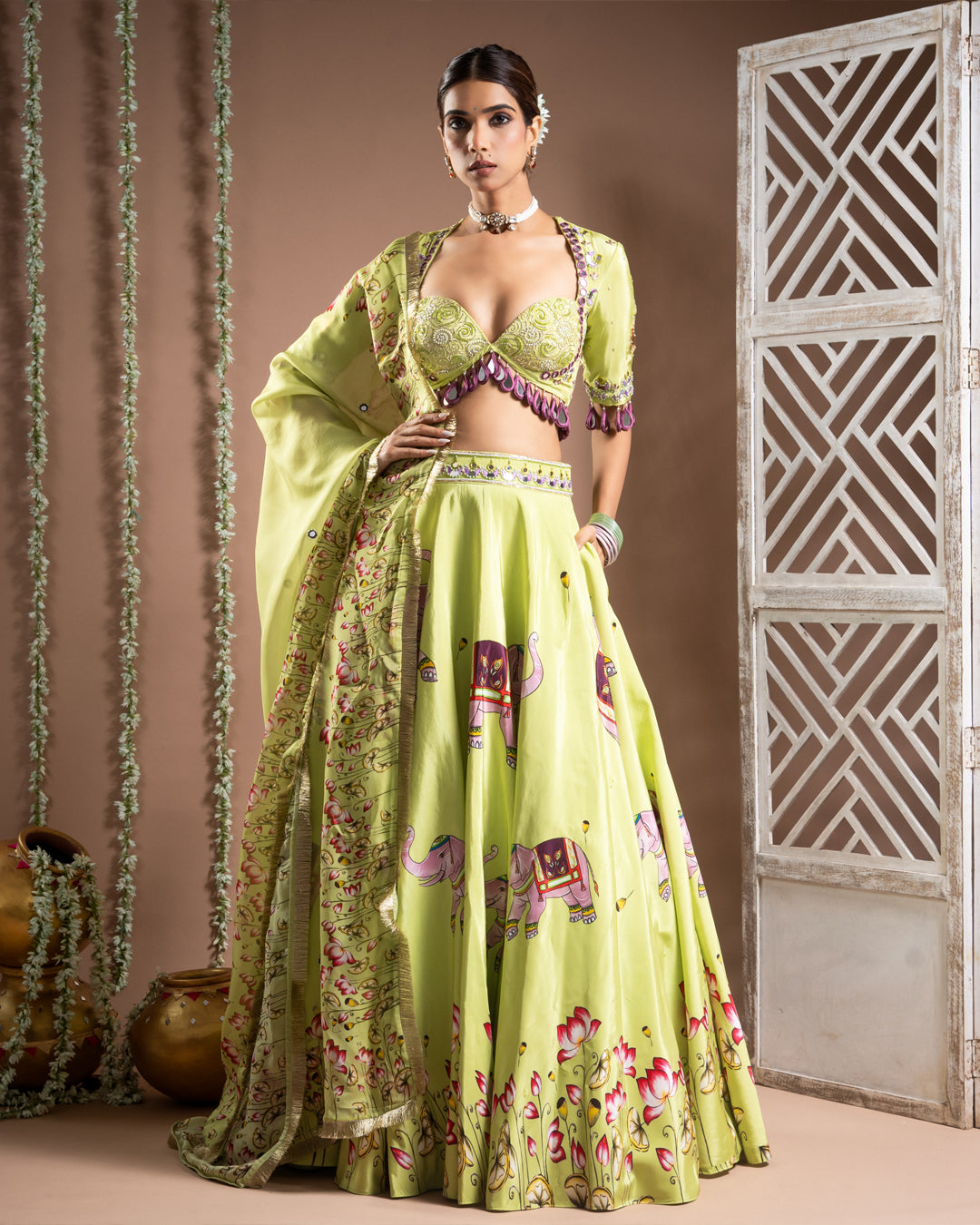 Elephant Print Green And Purple Heavy Lehenga Set (Set of 3)