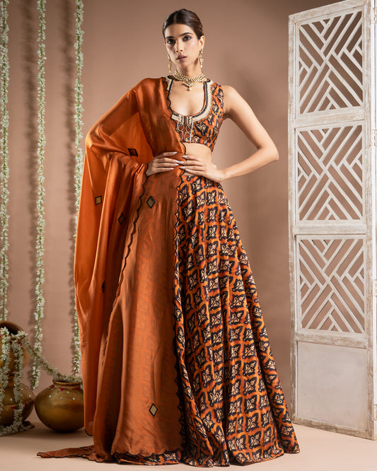 Black Rust Printed Lehenga Set (Set of 3)