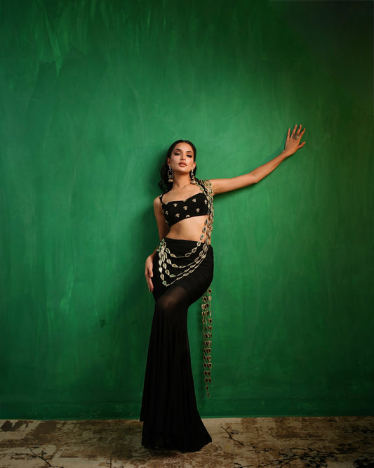Black Heavy Mirror Draped Indo Saree Set (Set of 2)