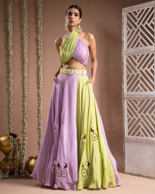 Green Lilac Indo Lehenga With Belt (Set of 2)