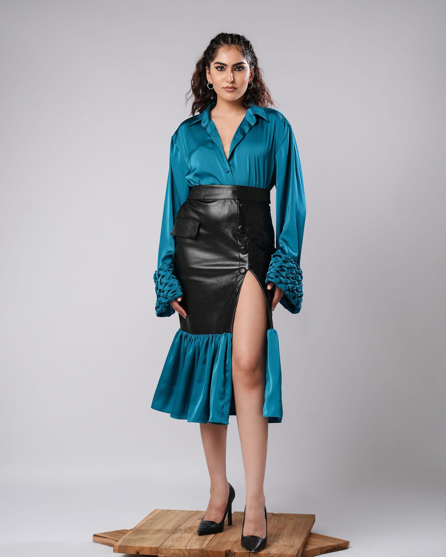 Jade - Teal Woven Shirt & Vegan Leather Skirt Co-Ord (SET OF 2)
