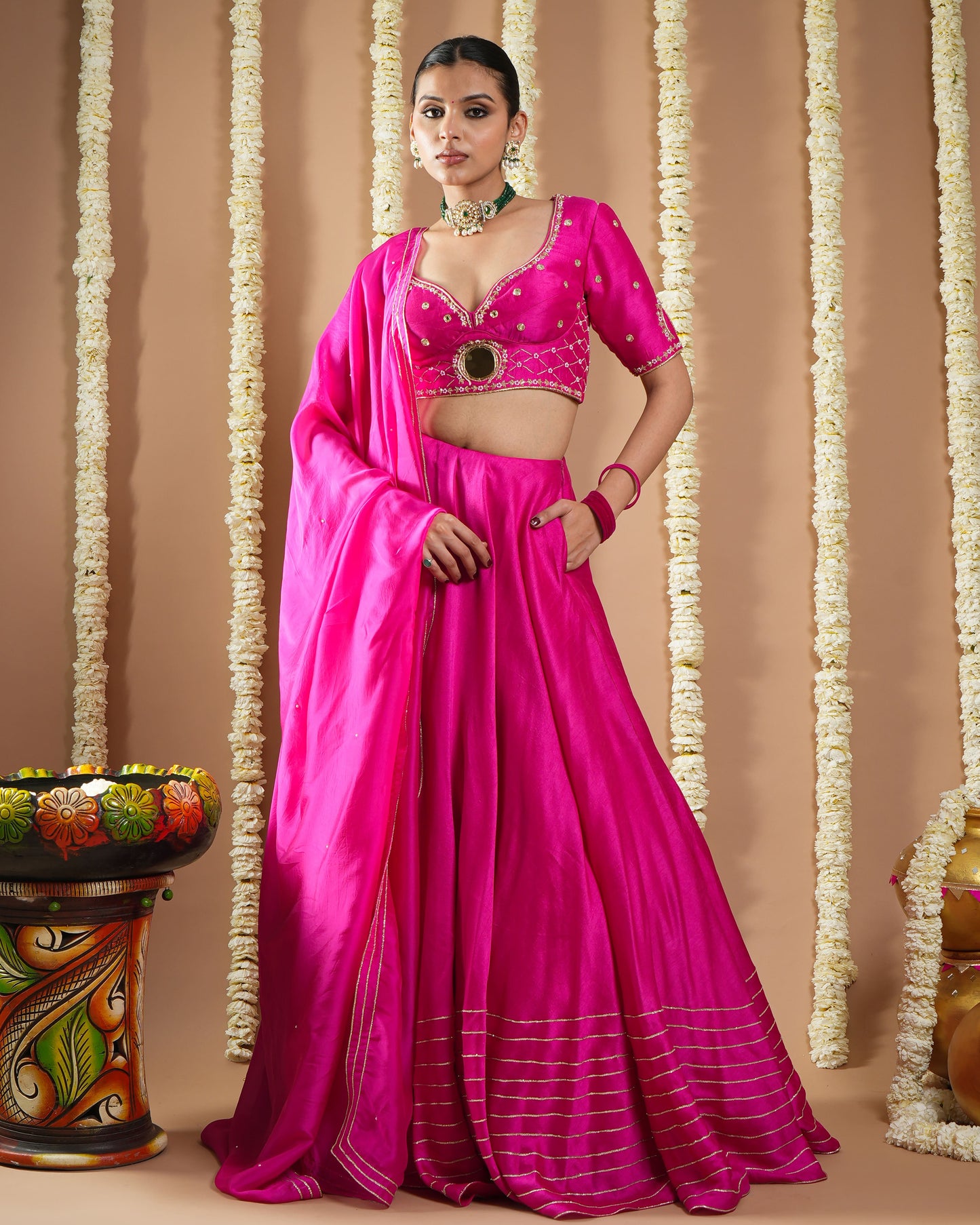 Hot Pink Silk Heavy Lehenga Set (Set Of 3)