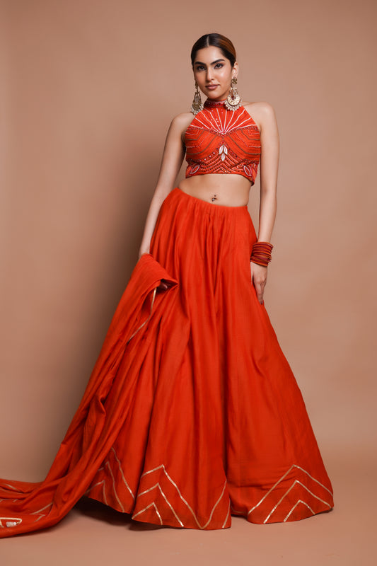 ORANGE CHANDERI LEHENGA SET (SET OF 3)