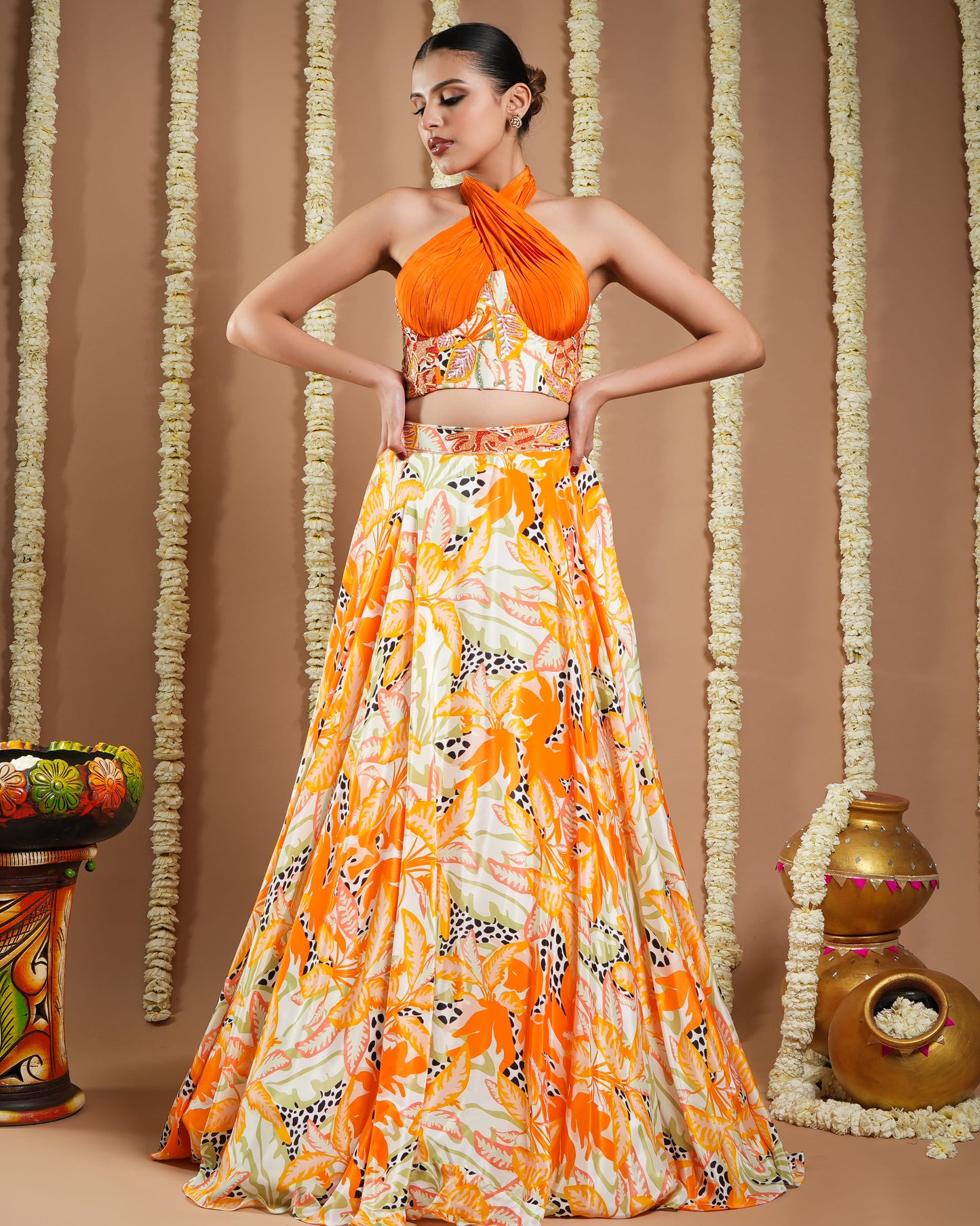 Forest Orange  Printed Corset Drape Indo Lehenga Set (Set Of 2)