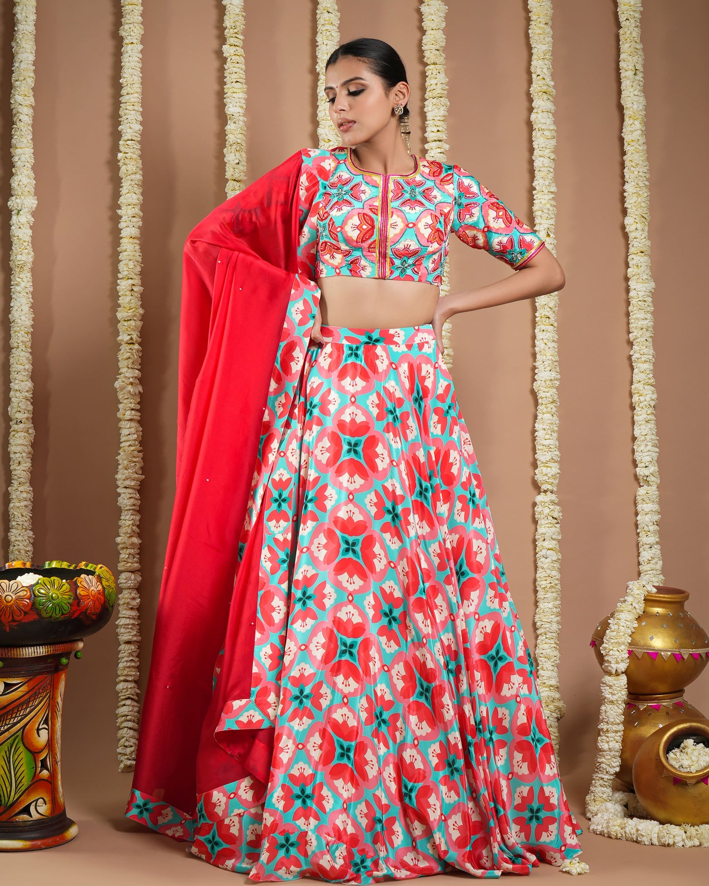 Red Tile Printed Heavy Lehenga Set  (Set Of 3)