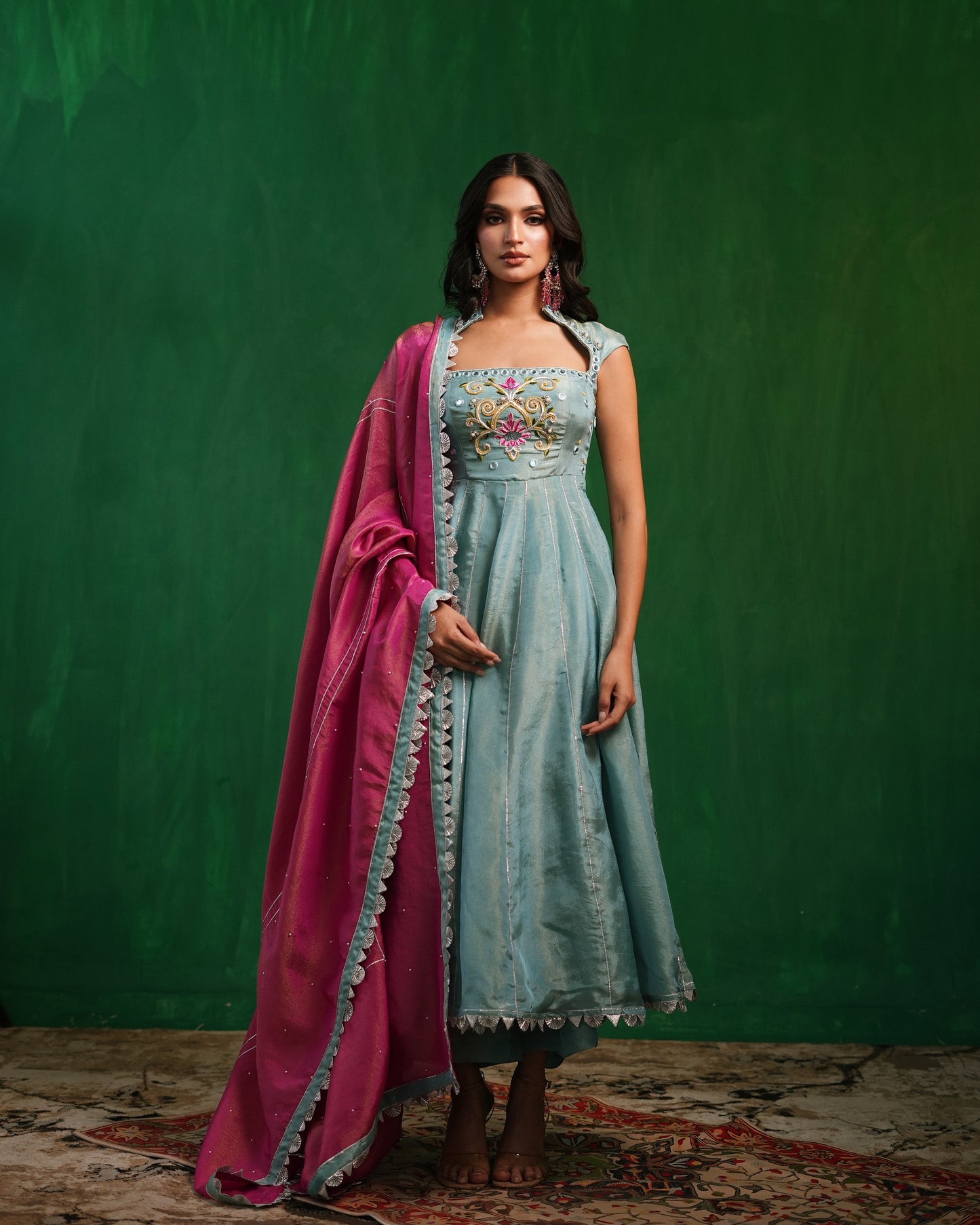 Aqua Blue Tissue Silk Heavy Anarkali Set  (Set of 3)