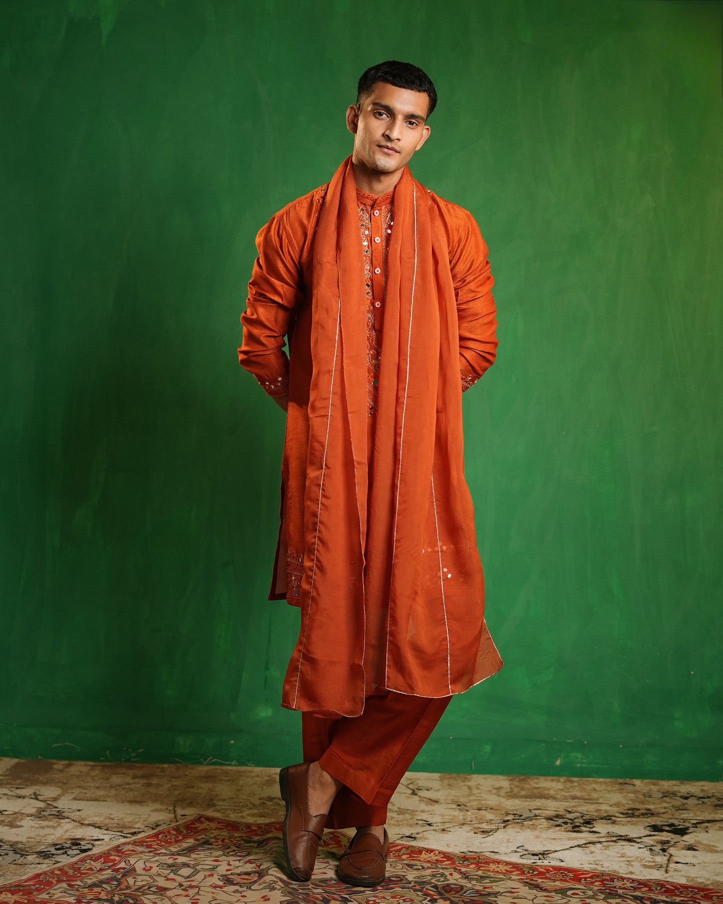 Rust Ember Mirror Work Embroidered Kurta Set (Set of 3)