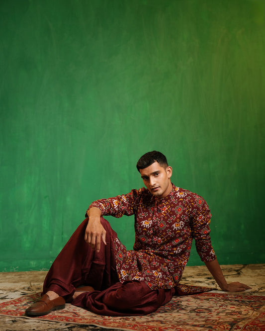 Maroon Patola  Printed Kurta Salwar Set (Set of 2)