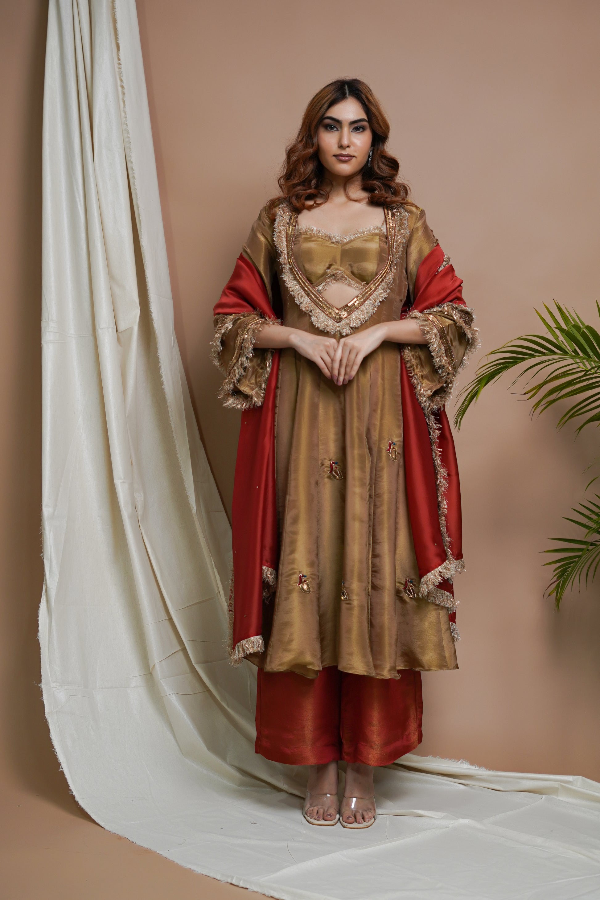 GOLDEN TISSUE SILK ANARKALI SUIT SET (SET OF 4) ahiclothing GOLDEN TISSUE SILK ANARKALI SUIT SET (SET OF 4) ahiclothing