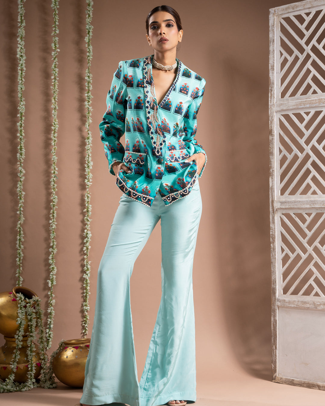 Blue Ombre Printed Coat Pant Set (Set of 2)