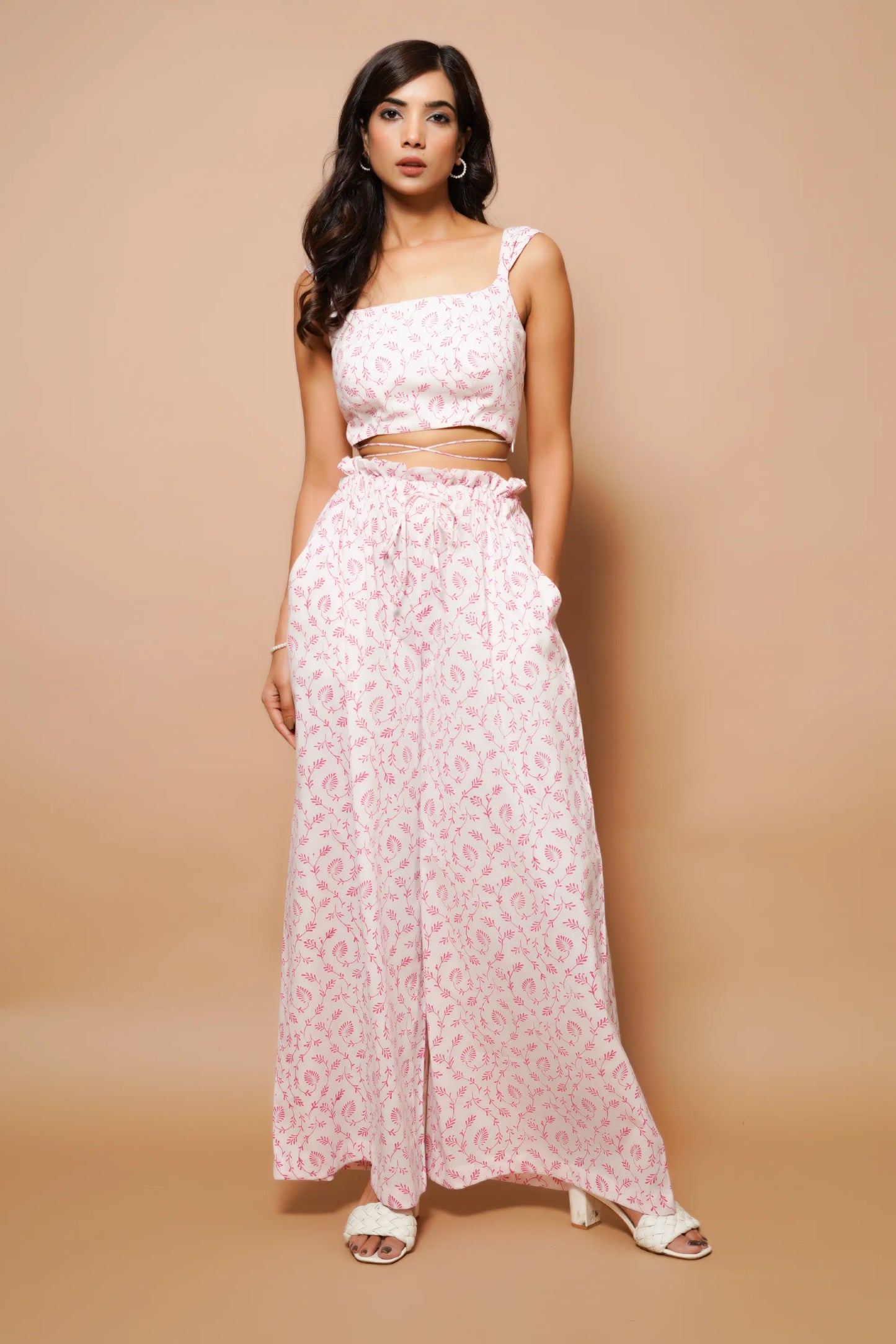White and pink block printed cotton co-ord