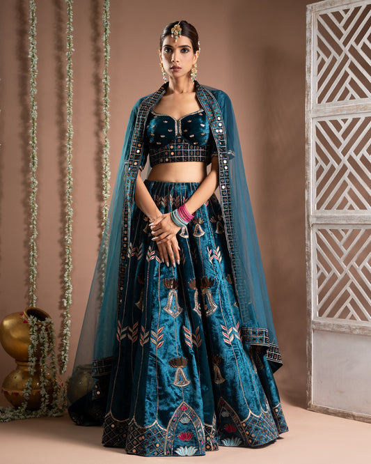 Teal Heavy Velvet Lehenga Set (Set of 3)